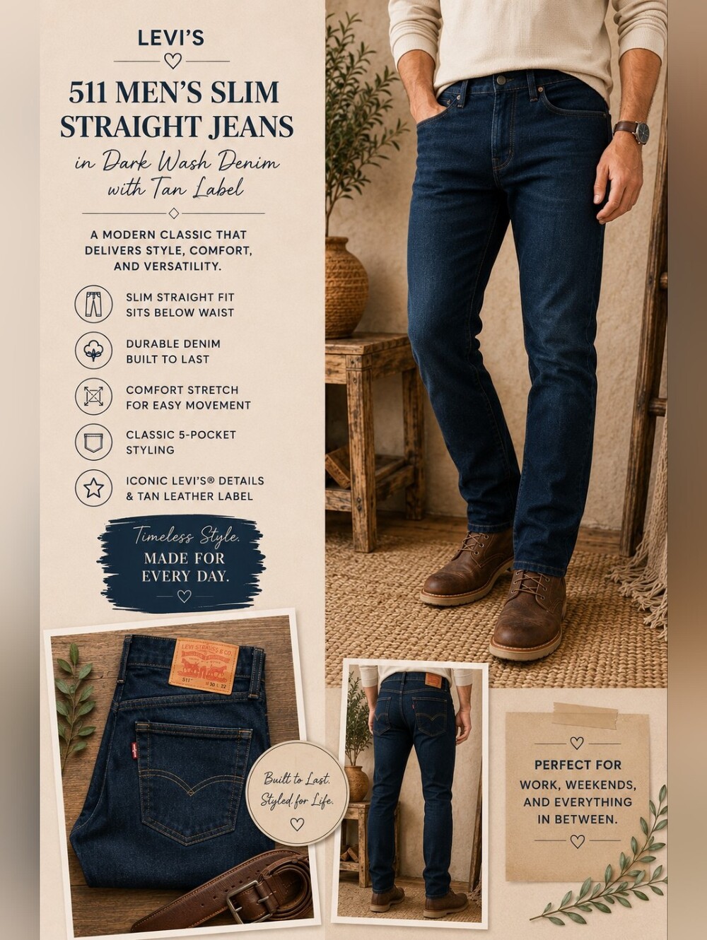 Levi's 511 Men's Slim Straight Jeans in Dark Wash Denim with Tan Label